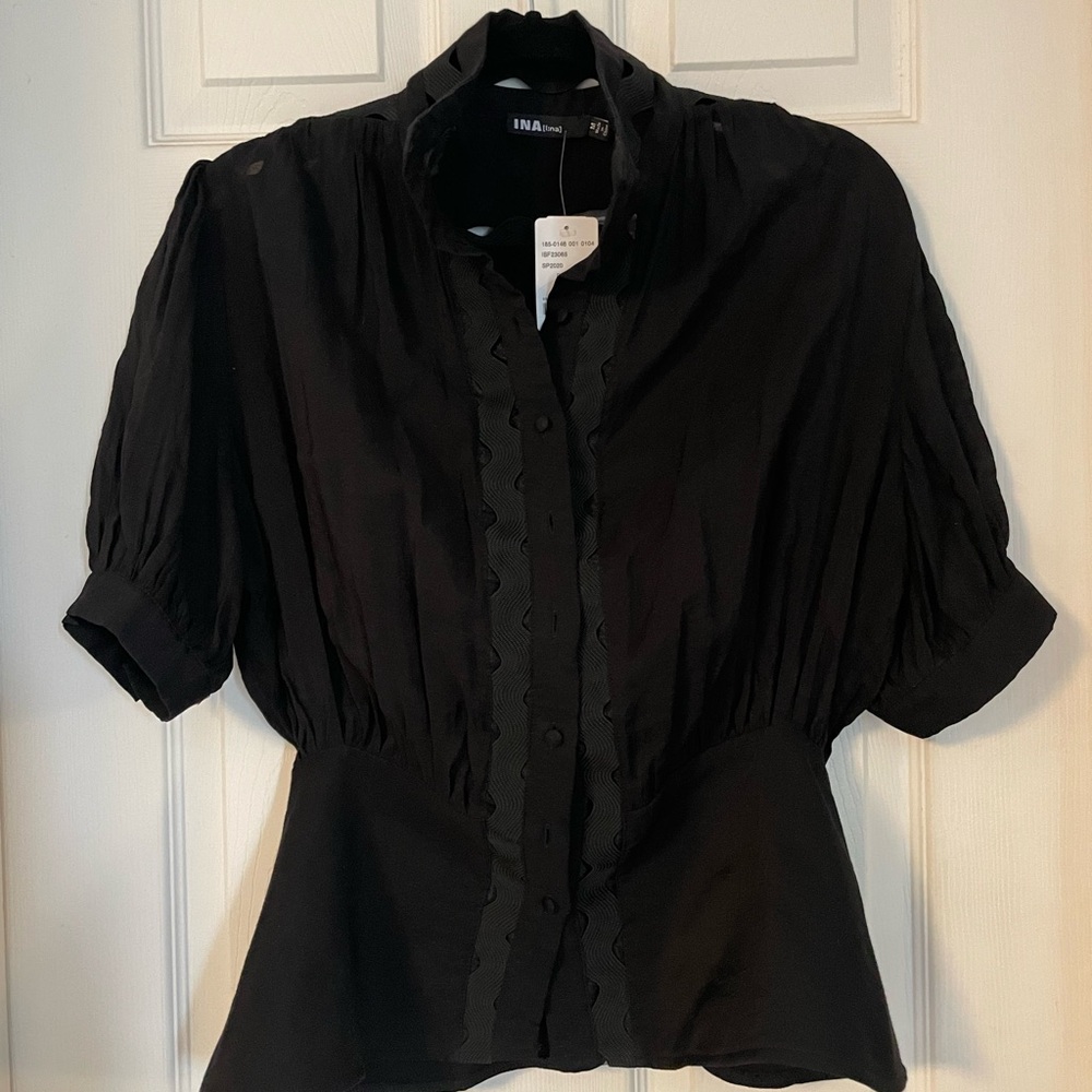 Black button down short sleeve blouse